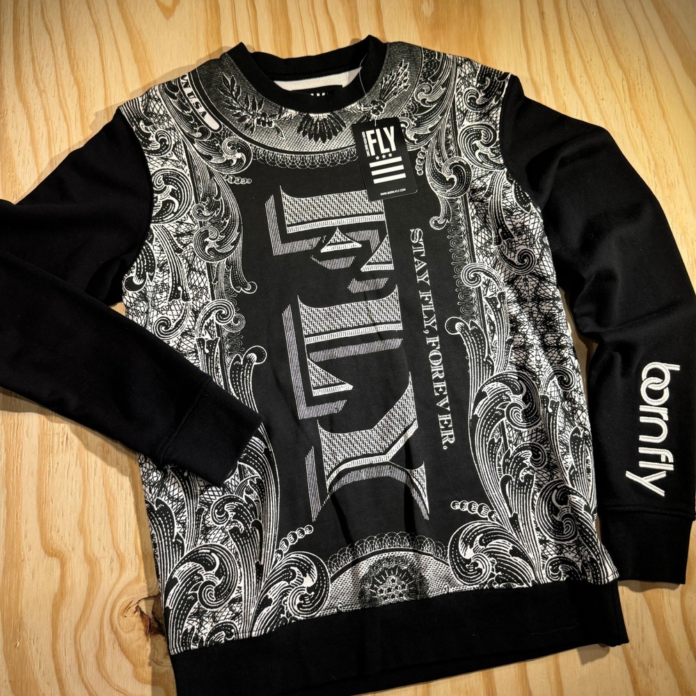 Born Fly Men's Graphic Crewneck Sweatshirt Stay Fly Black White Pullover Size S